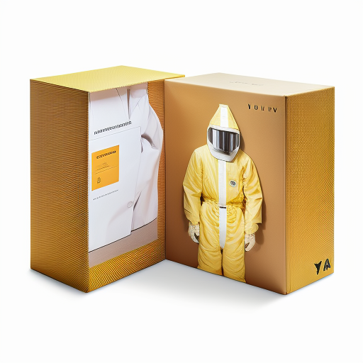 Hazmat suit in a box, shown as a fashionable looking outfit. Image created using MidJourney and prompts.