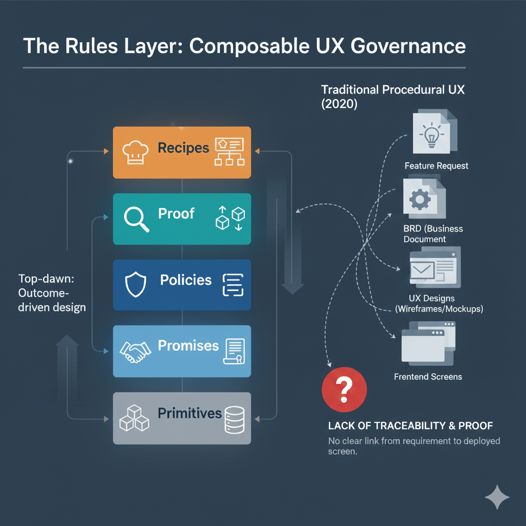 A clean, professional architectural stack diagram. It shows five distinct, interconnected layers stacked vertically: Primitives at the base (represented by geometric cubes), moving up through Promises (handshake icon), Policies (shield icon), Proof (a magnifying glass over a data chain), and Recipes at the top (a steaming bowl or cookbook icon). Arrows on the left indicate a "Top-down: Outcome-driven design" flow, while arrows on the right show a "Bottom-up: System assembly" flow. A sidebar callout shows the "Before/After" of a button being hidden by metadata rather than just being greyed out by CSS.