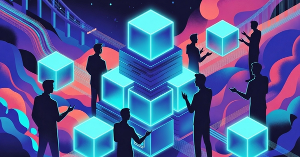 Grok generated image graphical ppl and boxes in a synthwave of colours 