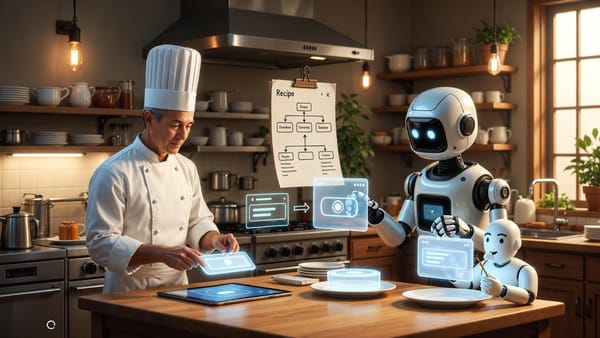 A human chef in traditional white coat works alongside a friendly robot. Assembling UI components onto tablet screens like plated dishes. A recipe flowchart hangs on the wall behind them.